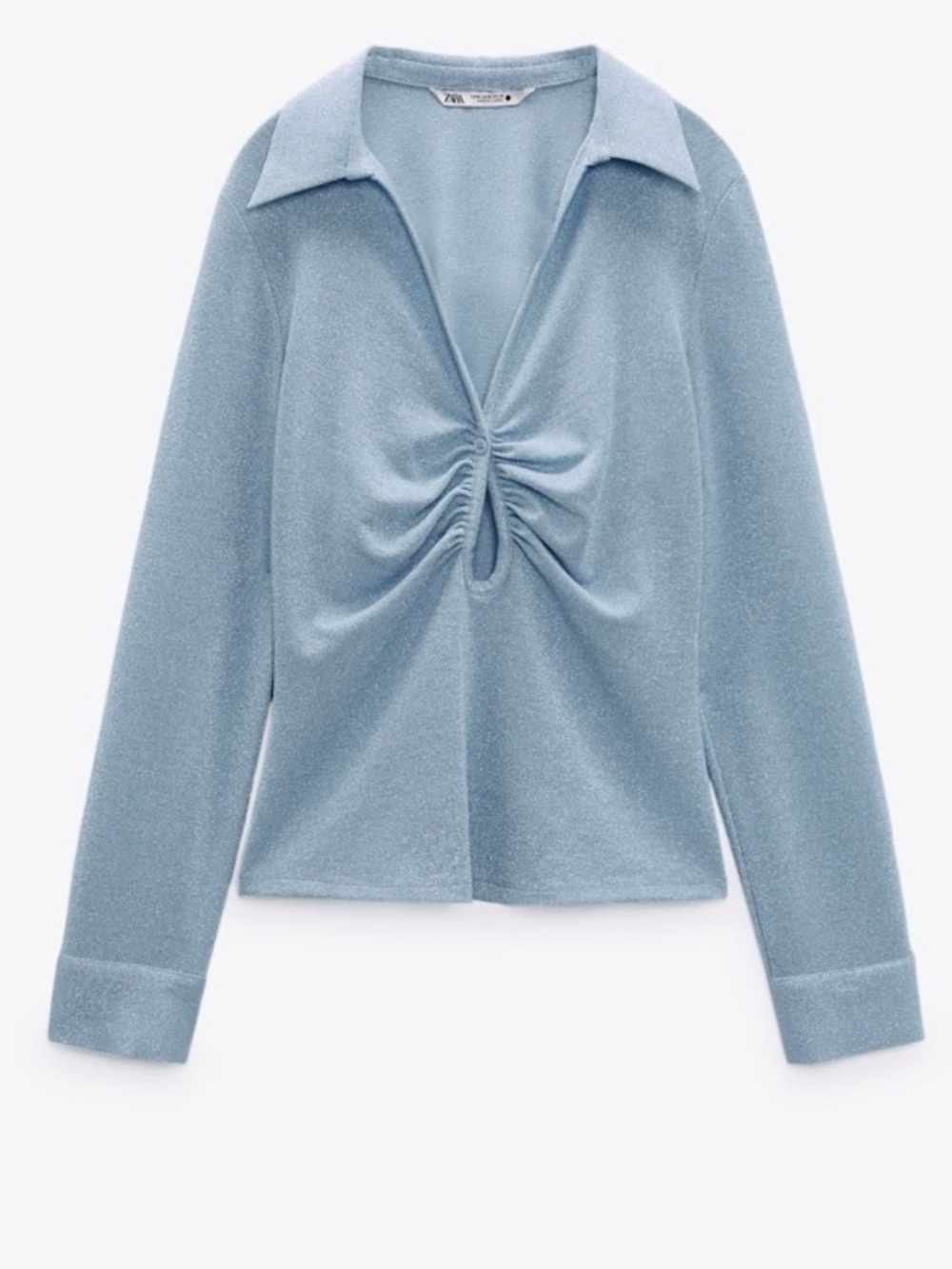 Zara Shimmery Light Blue Ruched Front Button-Down Top - Picture 5 of 6